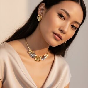 Crystal Flowers Necklace, 14K Gold Plated